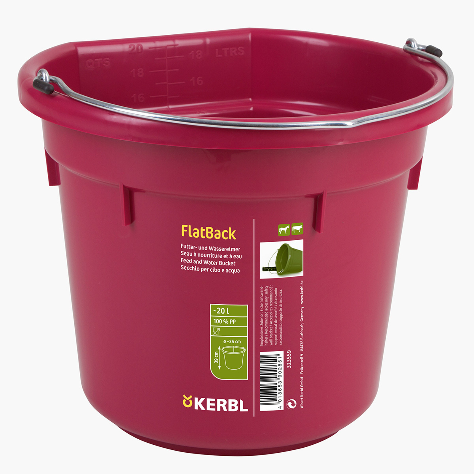 Raspberry Pink Kerbl Cubo de agua y alimento FlatBack ca. 20L