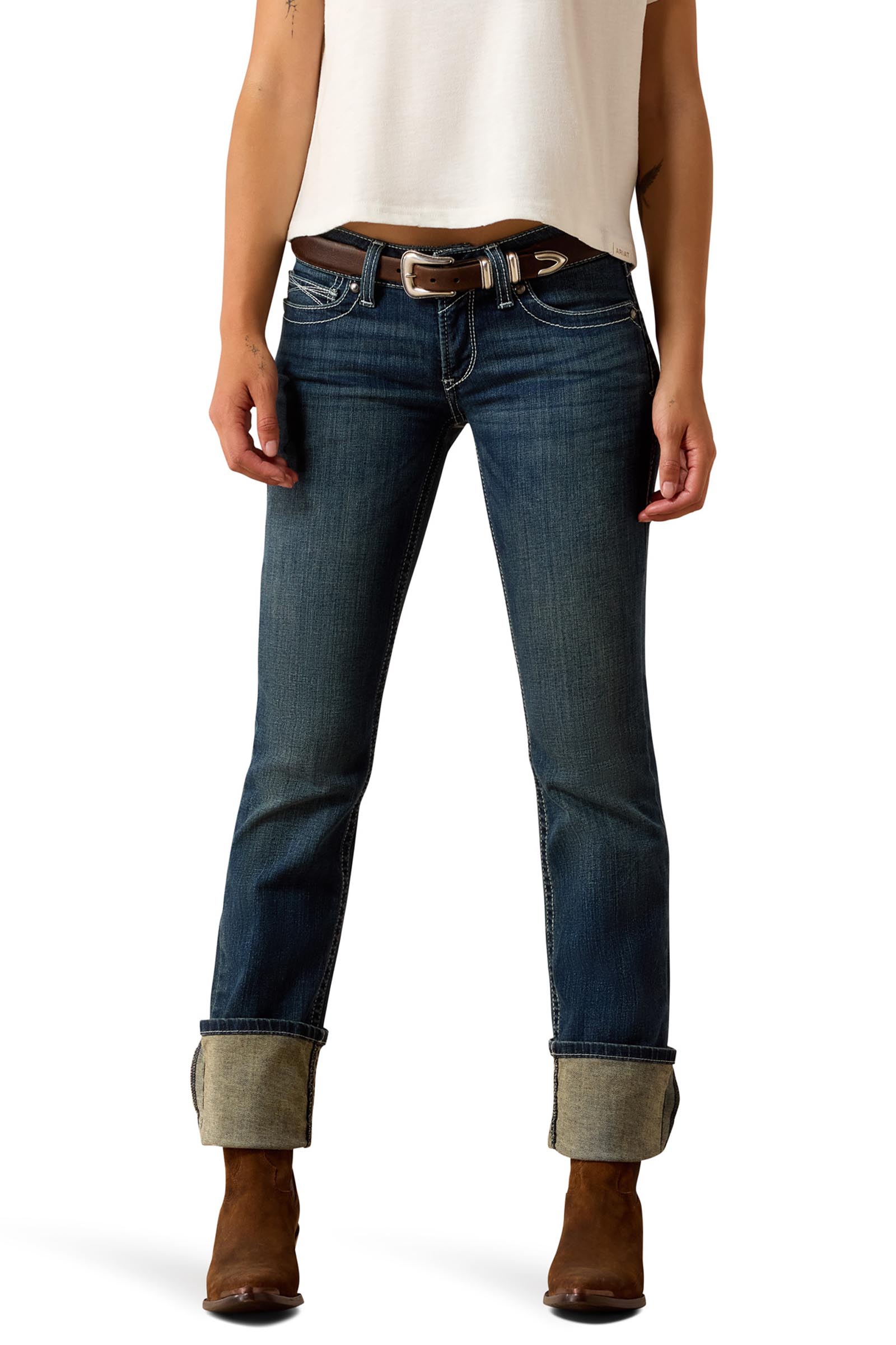 Ocean Ariat R.E.A.L. Mid Rise Stretch Icon Stackable Straight Leg Vaqueros el&aacute;sticos rectos para mujer de tiro medio
