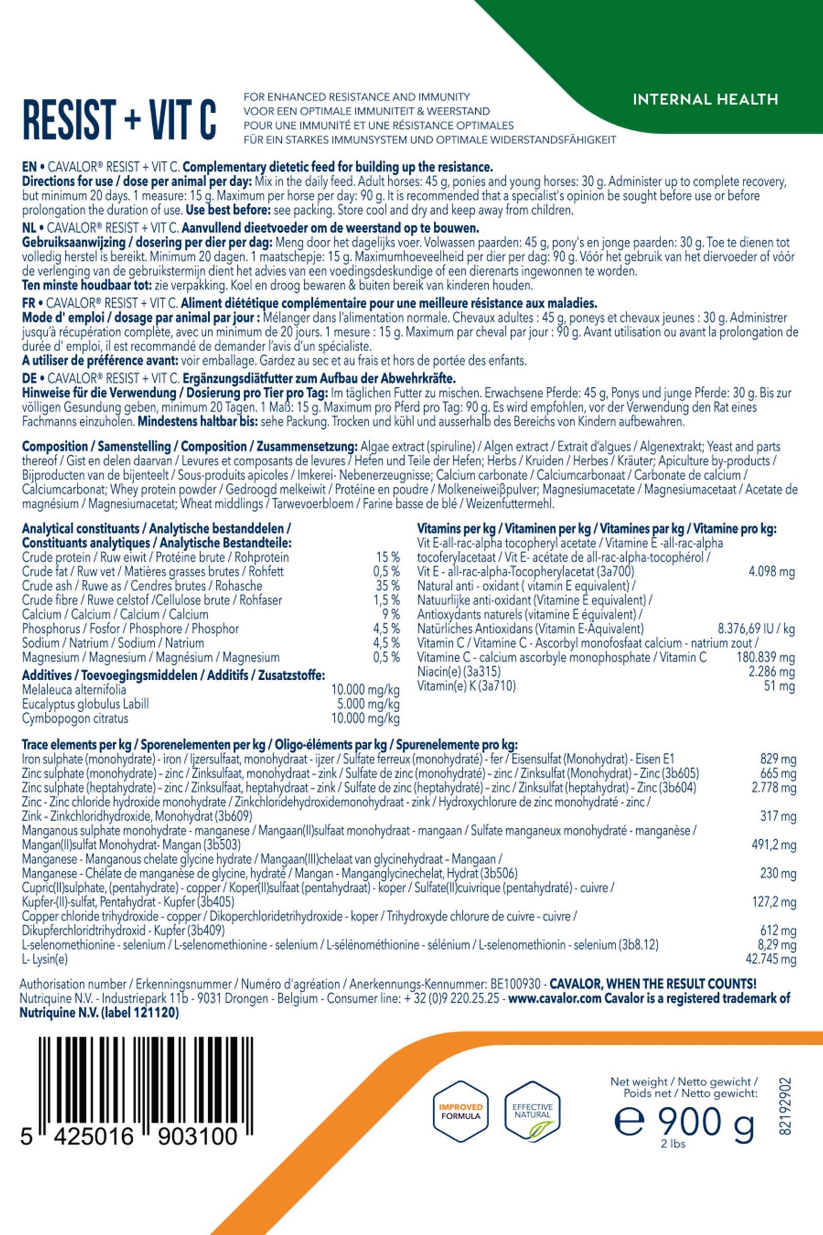 Polvo para el Sistema Inmune Cavalor Resist + Vit C, 900g