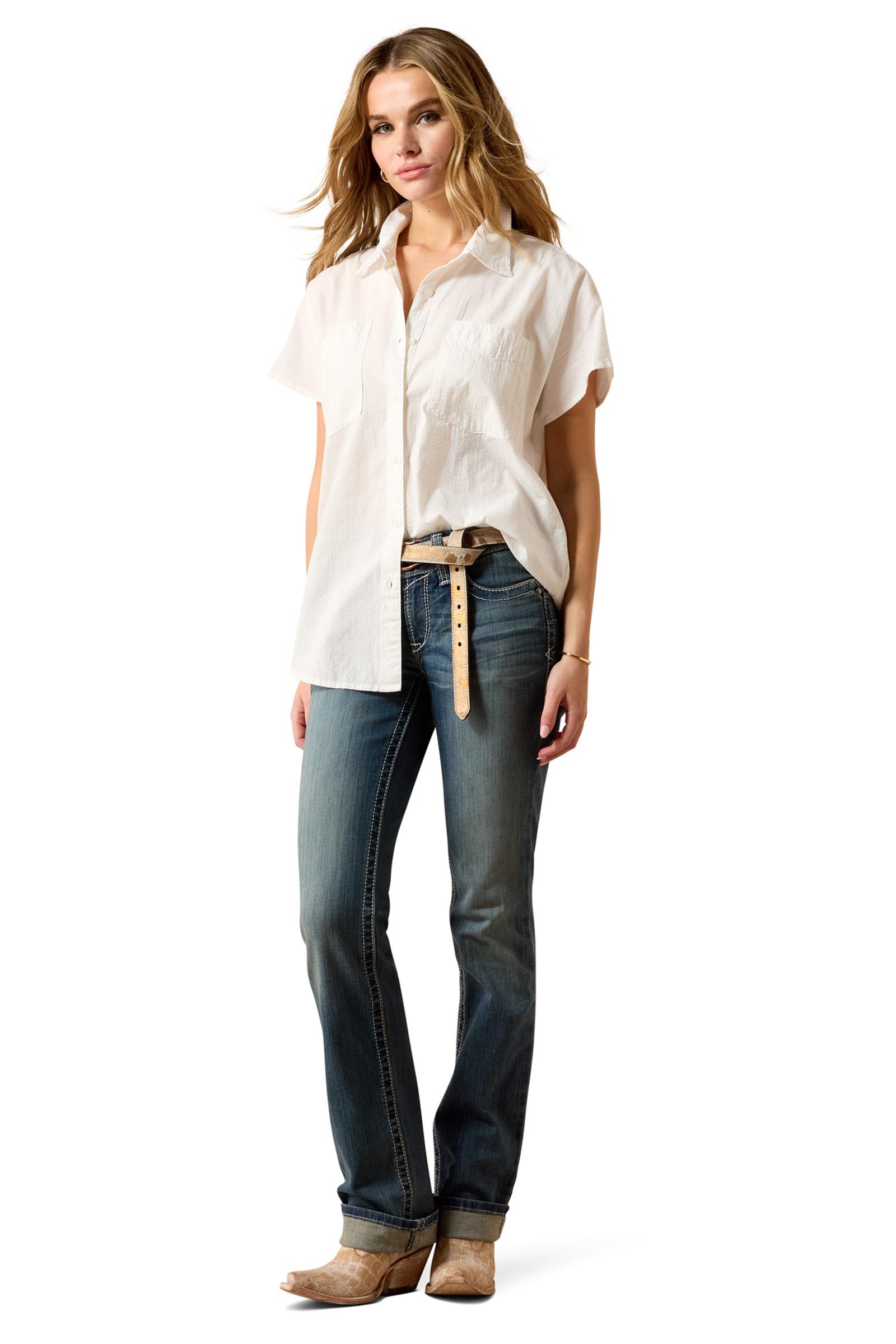Ariat R.E.A.L. Mid Rise Stretch Icon Stackable Straight Leg Vaqueros el&aacute;sticos rectos para mujer de tiro medio
