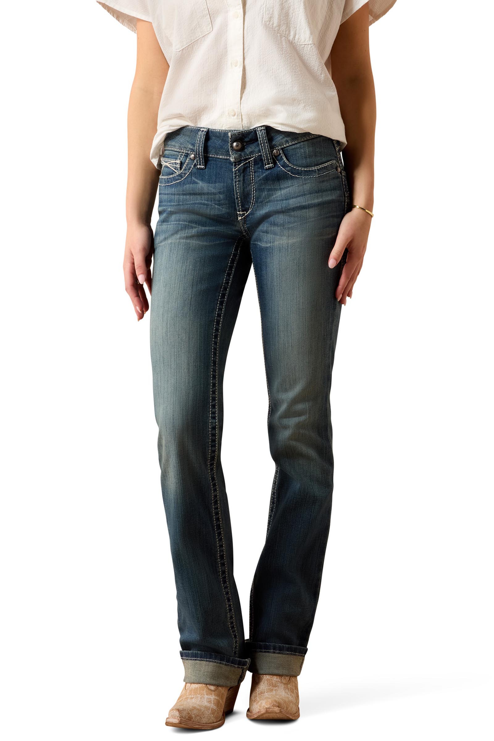 Ariat R.E.A.L. Mid Rise Stretch Icon Stackable Straight Leg Vaqueros el&aacute;sticos rectos para mujer de tiro medio